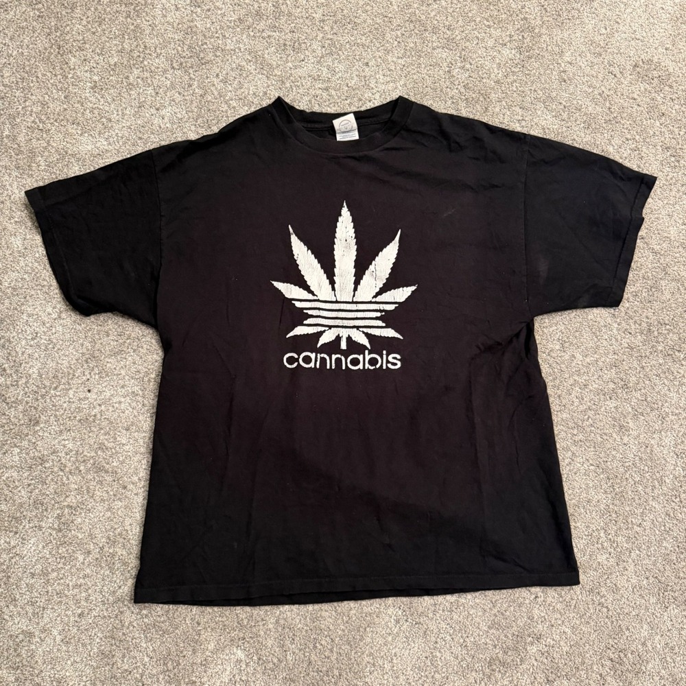Y2K 2000s Cannabis Parody Graphic T-Shirt Mens XL Black Short Sleeve Tee